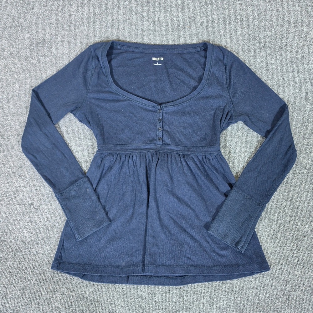 Y2K Hollister Navy Blue Empire Waist Henley Long Sleeve Ribbed Babydoll Top Sz L